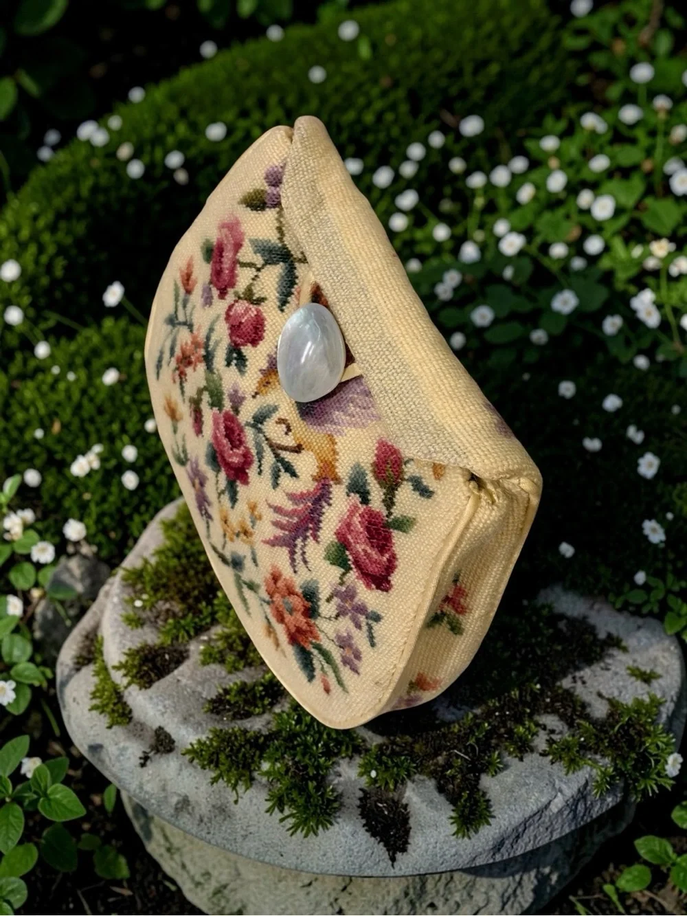 1920’s-30’s Needle Point Floral Clutch with Large Abalone Pearl Saucer Closure